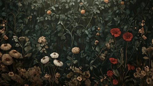 Dense floral wall painting shows layered wildflower growth