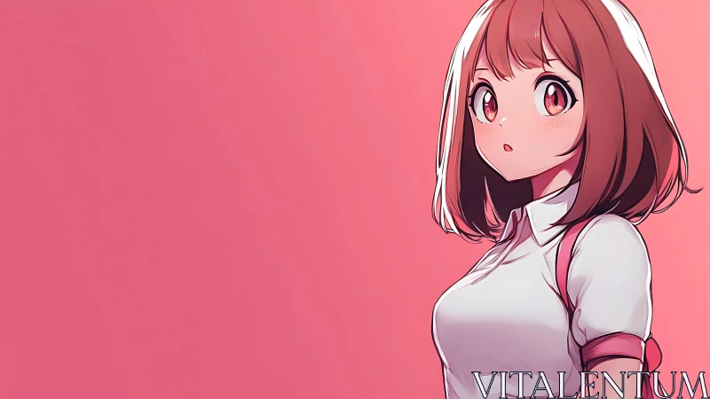 Soft pink anime portrait with shy schoolgirl gaze.