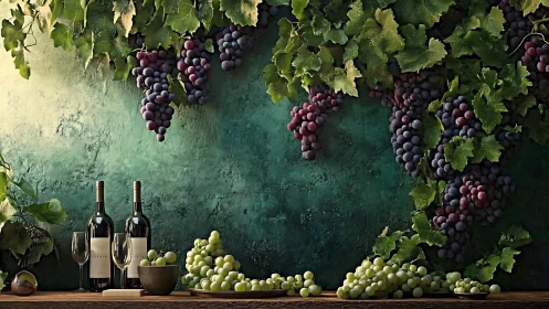 Grapevines, wine bottles and grapes are arranged against wall