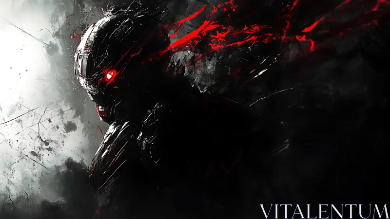 Cybernetic wraith glares through fractured red digital storm