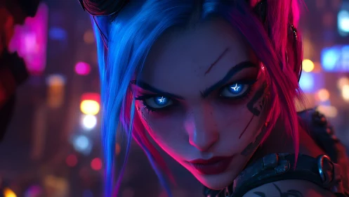 Neon renegade heroine with star-lit eyes in cyber dusk.