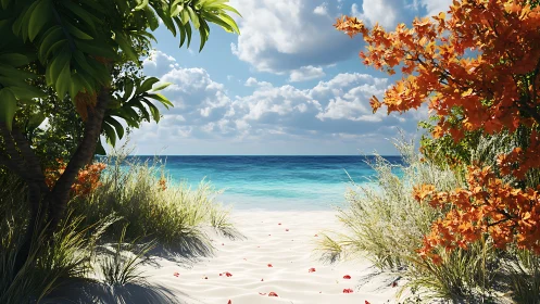 Tropical beach framed by flowering trees