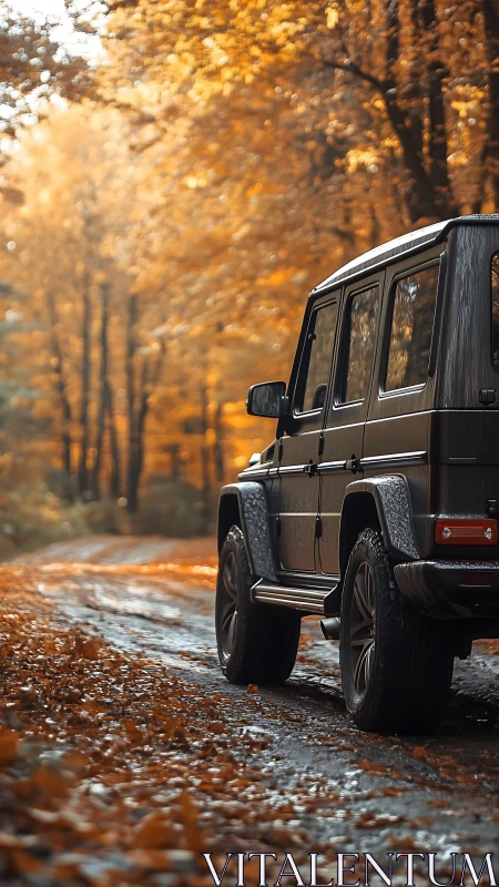 Off-road SUV on wet dirt track in dense autumn forest scene.