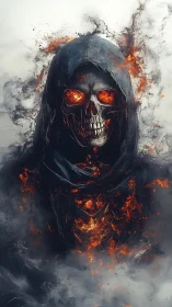 Ember‑Eyed Reaper Wrapped in Storming Ash and Flame.