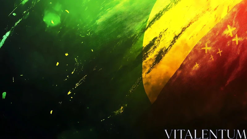 Digital painting of grunge tri-color arc with textured light fields.