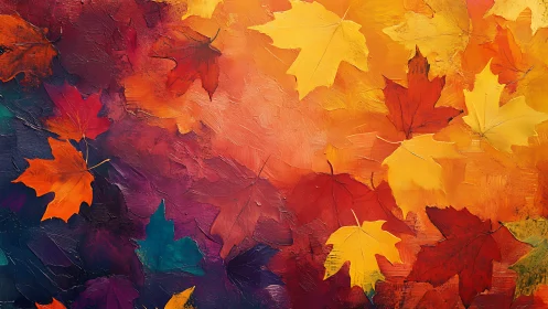 Colorful painted maple leaves over rich autumn background.