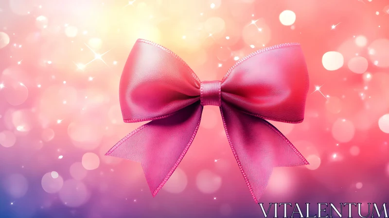 Pink ribbon bow on blurred multicolored bokeh backdrop.