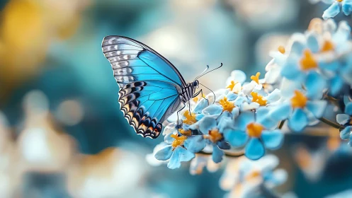 Gentle blue butterfly resting on soft spring blossoms.