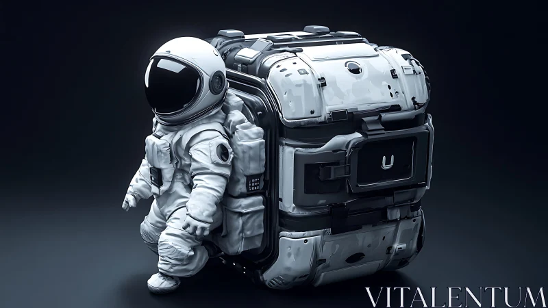 Tiny astronaut explores a sleek modular sci-fi cargo unit