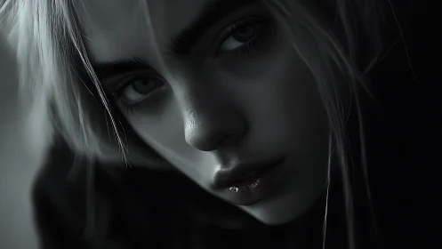 Moody monochrome close-up of young woman’s intense gaze.