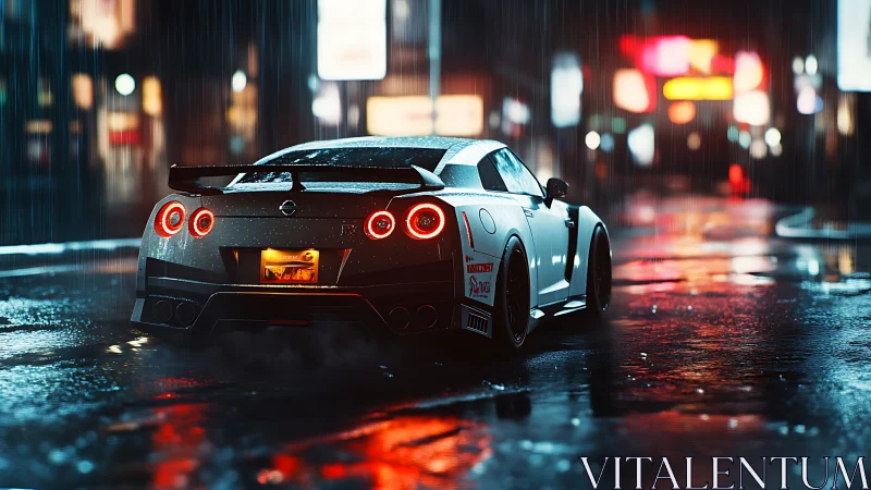 Nissan GT-R rear view in neon-lit wet urban street at night