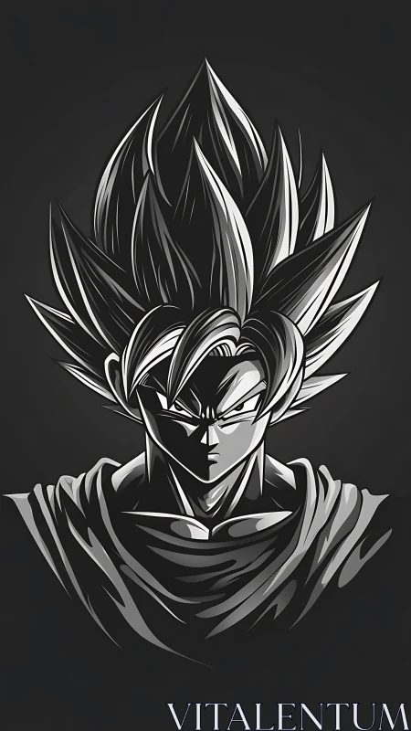 Monochrome spiky haired anime warrior portrait on black