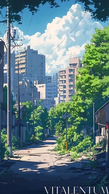 Overgrown urban street divides mid-rise residential blocks