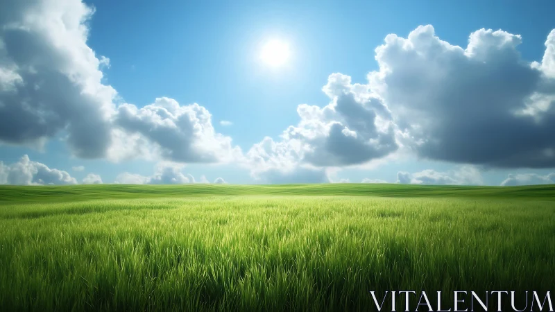 Sunlit green meadow under deep blue sky and cumulus clouds
