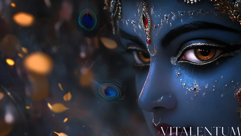 Blue-toned embellished face with jeweled adornments in focus.