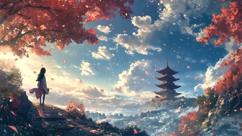 Crimson petals escort a lone dreamer toward the skyward pagoda