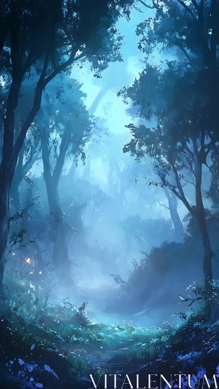 Ethereal Blue Forest Path With Glowing Flowers.