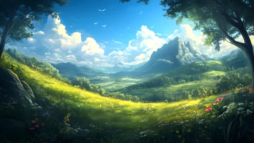 Sunlit alpine valley with wildflower meadow and distant peaks.