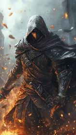 Hooded firelit warrior walking through swirling embers.