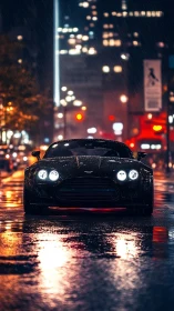 Black sports car on wet city street at night in rain.