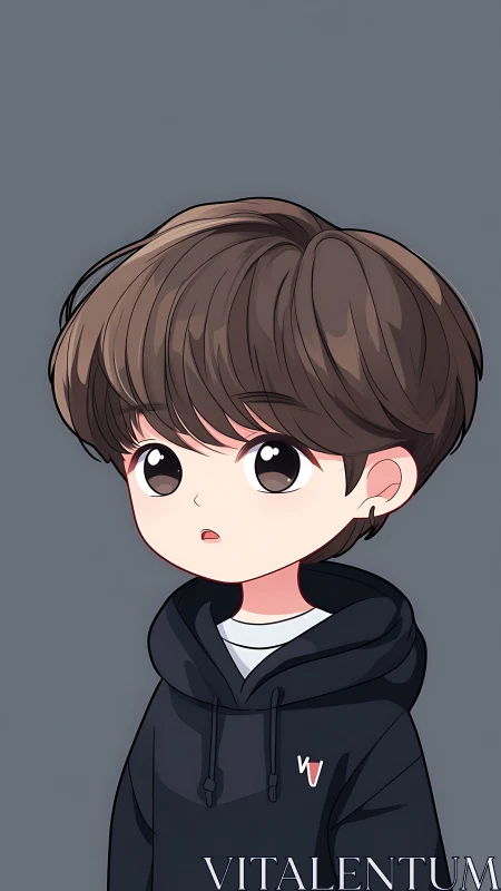 Soft-eyed chibi boy in hoodie gazes ahead in quiet wonder