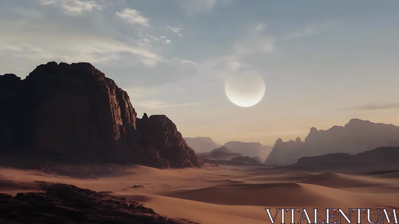 Desert cliffs under twin-light horizon with pale rising moon.