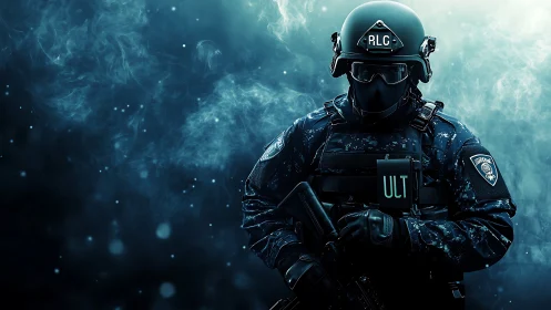 Heavily armed tactical officer in dark smoky environment.