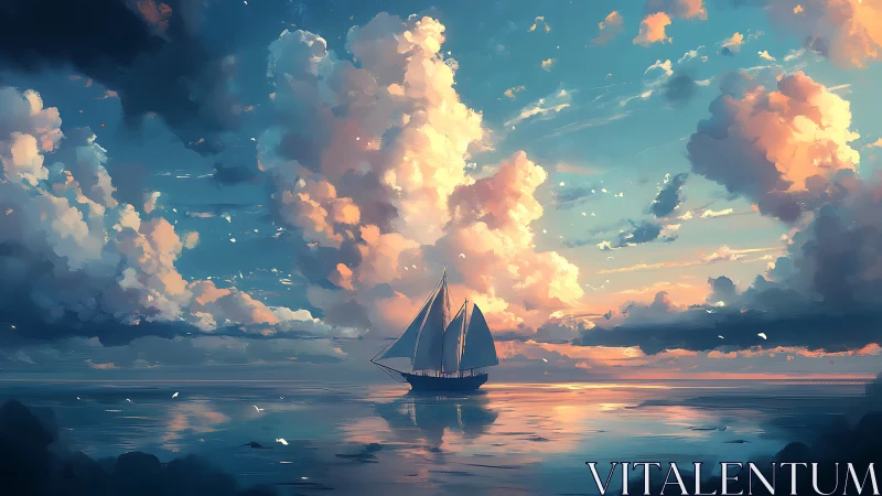 Sailing vessel crosses calm sea beneath stratified clouds