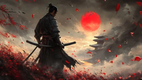 Solitary samurai under red sun amid drifting petals.