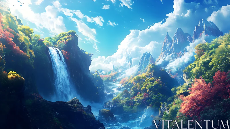Mystic valley waterfall pours into a sunlit dreamlike forest