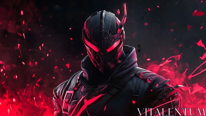 Armored cyber warrior with red energy aura in darkness.