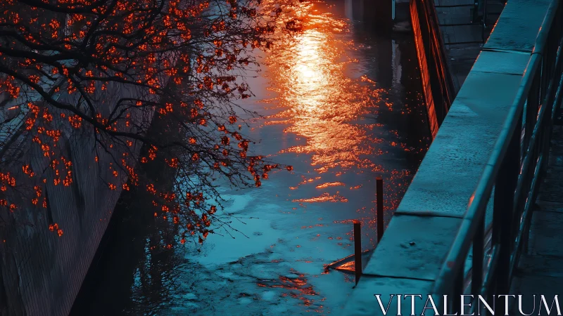 Nocturnal canal reflection with chromatic bokeh foliage glow.