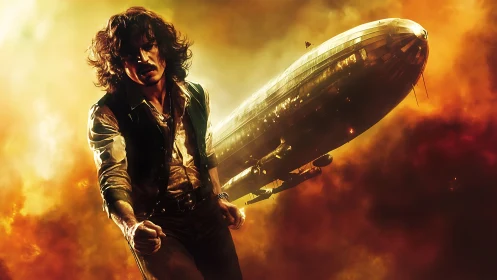 Rock frontman strides under burning sky beside airship
