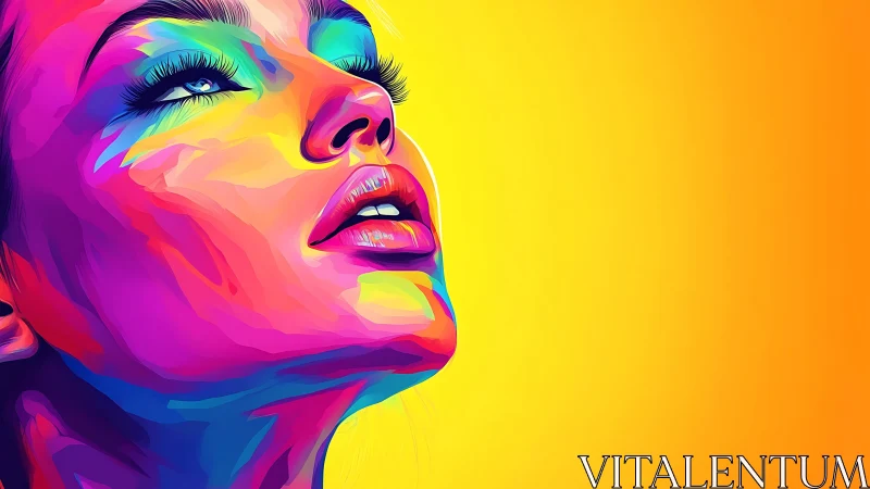 Color-drenched female portrait gazes upward in neon light.