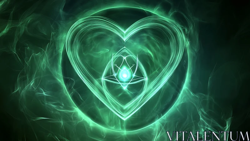 Green neon heart with geometric symbol on dark background.