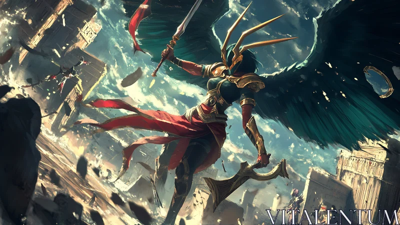 Winged warbringer carves stormlit justice through ruins