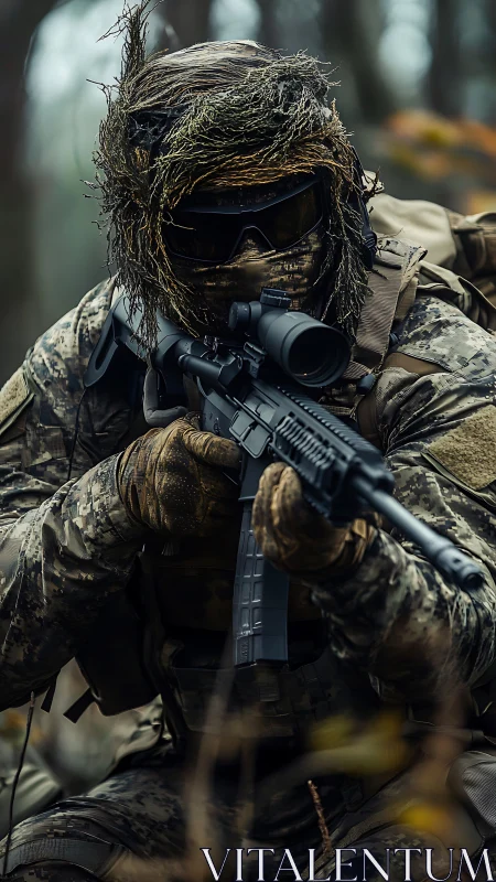Camouflaged soldier aims rifle during focused forest patrol
