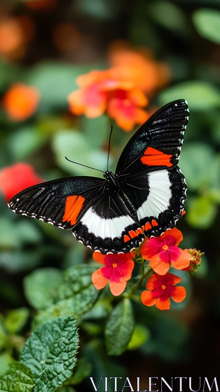 Butterfly rests on red flowers in shallow depth of field