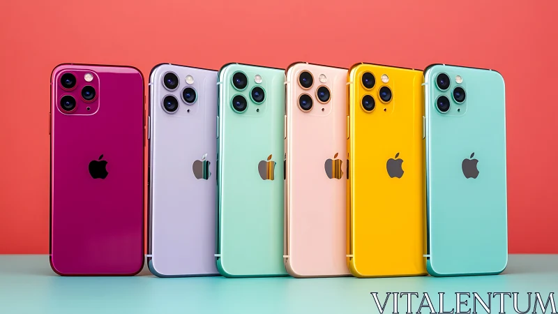Colorful iPhones lined up in a playful modern rainbow.