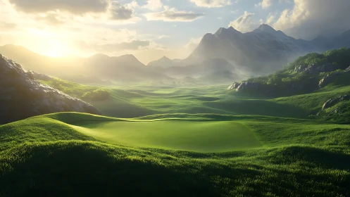 Sunlit mountain golf valley unfolds in lush green waves.