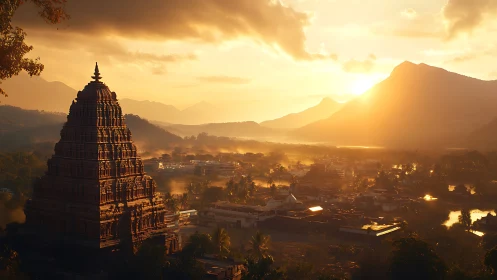 Temple silhouette over valley settlement at low sunset light.