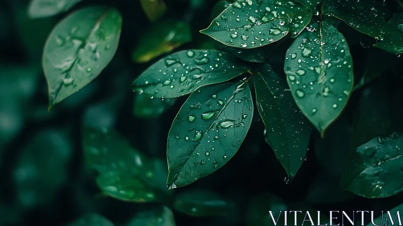 Glistening green leaves captured in moody macro focus.