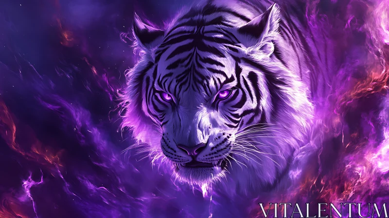 Starlit tiger prowling through glowing violet flames.