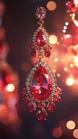 High-carat pear-cut ruby chandelier earring in warm bokeh light