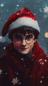 Young boy in Santa hat amid falling snow at night.