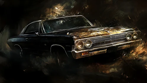 Dark classic muscle car in dramatic textured lighting scene.