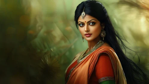 Graceful woman in traditional saree glows in soft golden light