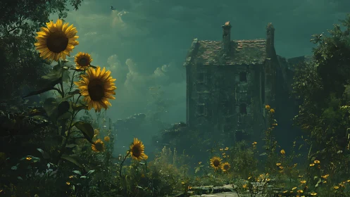Sunflowers glow before an eerie, overgrown haunted house.