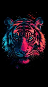 Neon-drenched tiger portrait blazes against deep black void