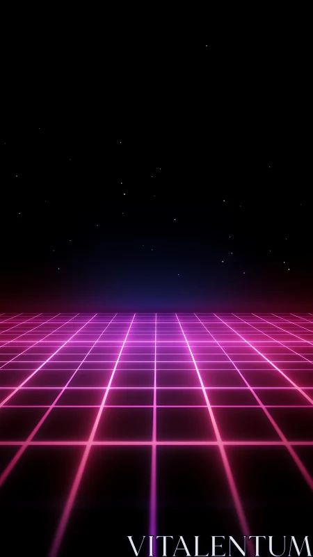 Neon pink grid horizon under starry dark night sky.